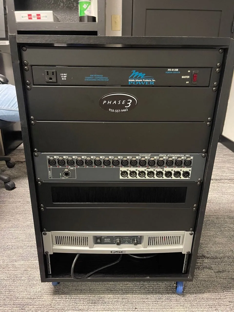 Audio equipment rack with stagebox and amplifier from Phase 3 Live's rental inventory