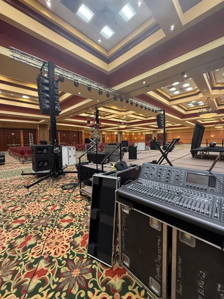Phase 3 Live load-in of truss, line array, and mixing console in a hotel ballroom before a corporate event