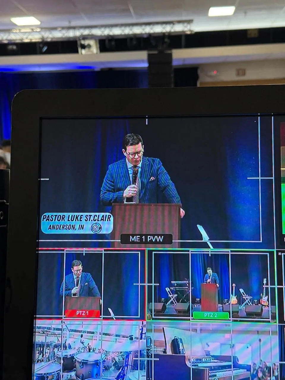 Video production multiview monitor showing live camera angles of a preacher, part of a Phase 3 Live broadcast setup