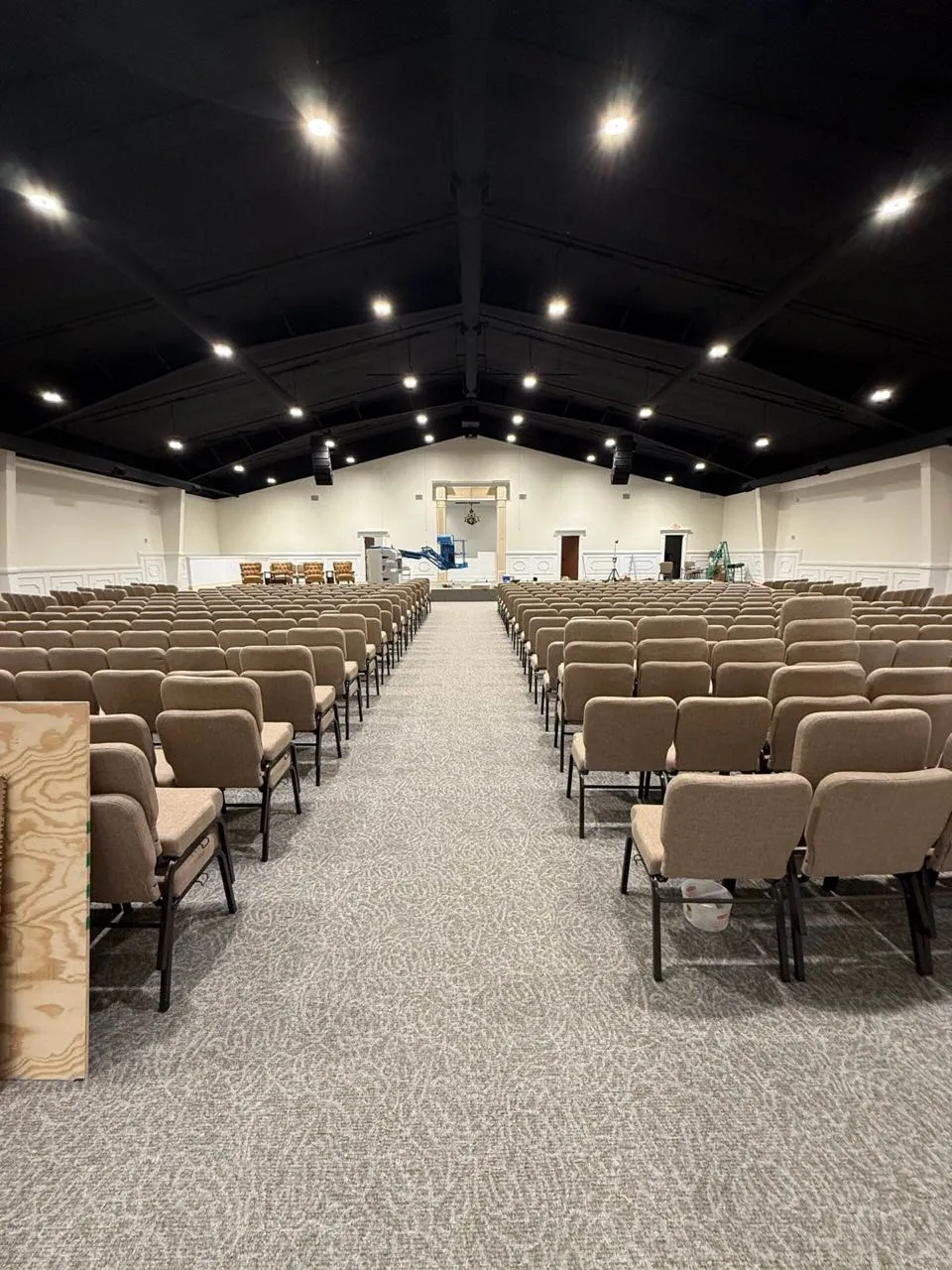 Newly installed seating and AV work in a church auditorium outfitted by Phase 3 Live