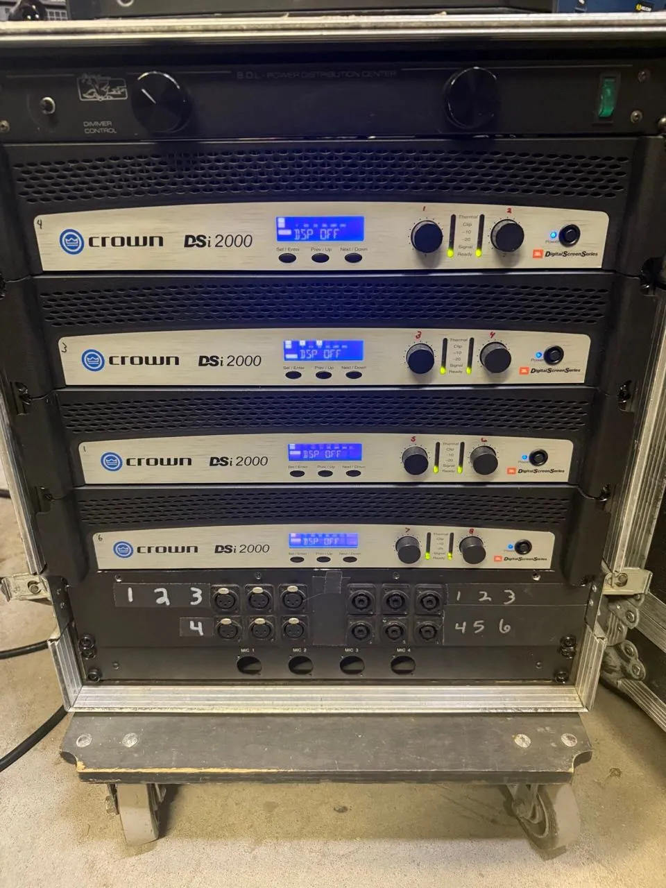 Crown amplifier rack in a road case, part of Phase 3 Live's audio inventory