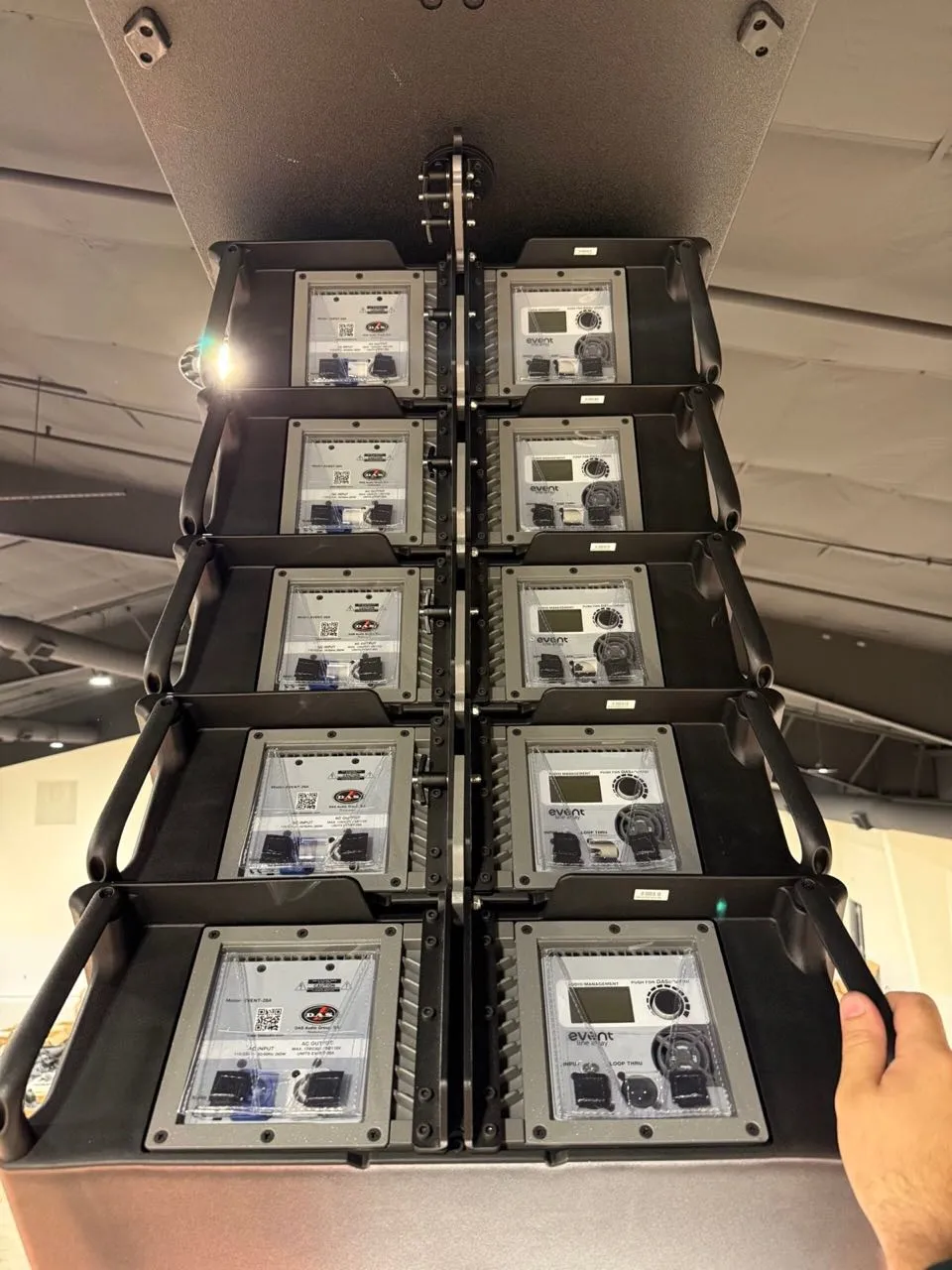 Rear panels of a DAS Audio line array column from the Phase 3 Live rental inventory