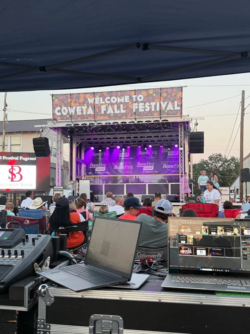 Front-of-house production setup by Phase 3 Live at the Coweta Fall Festival main stage.