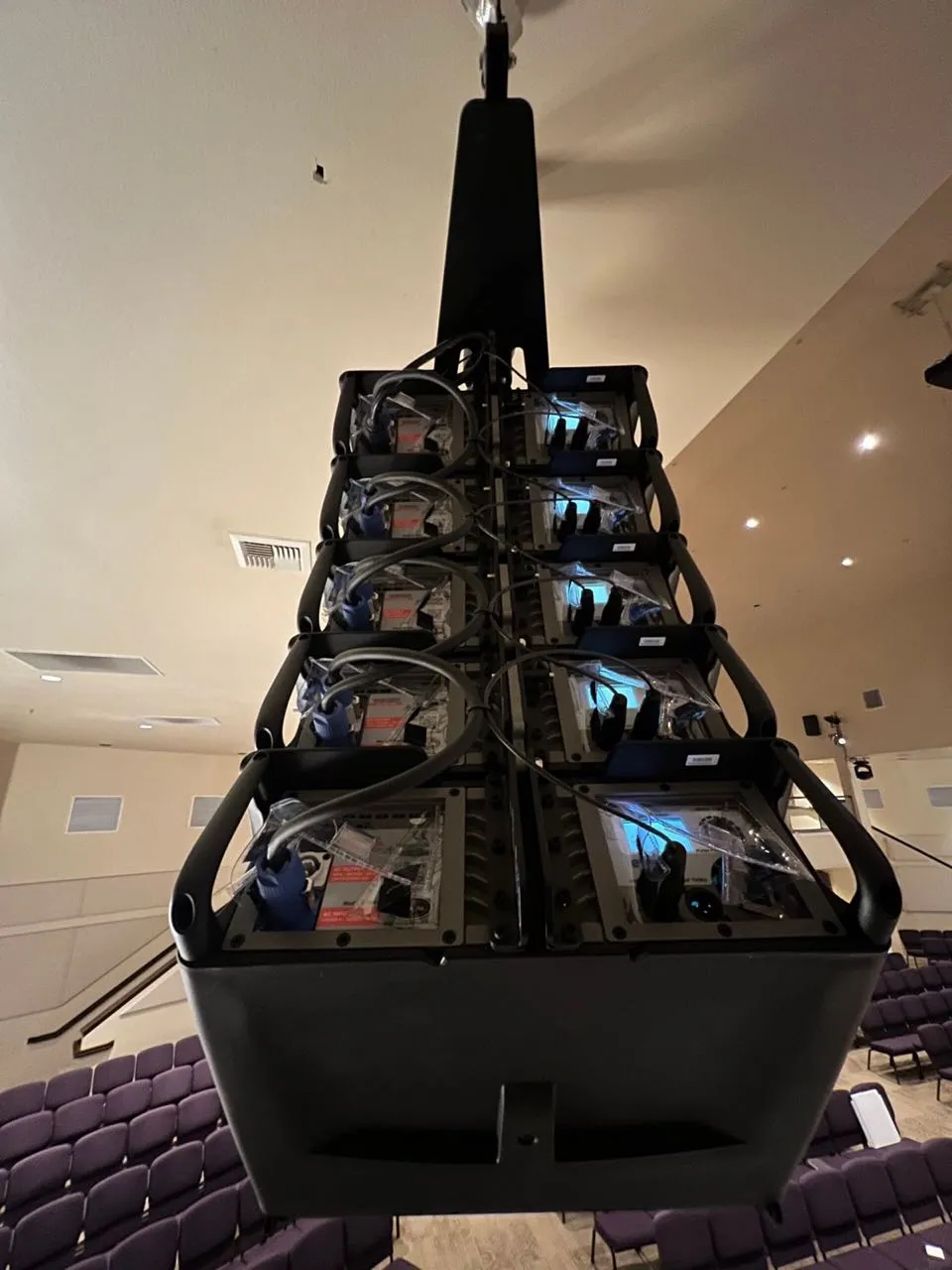 Flown line array speaker hang installed in a church sanctuary by Phase 3 Live
