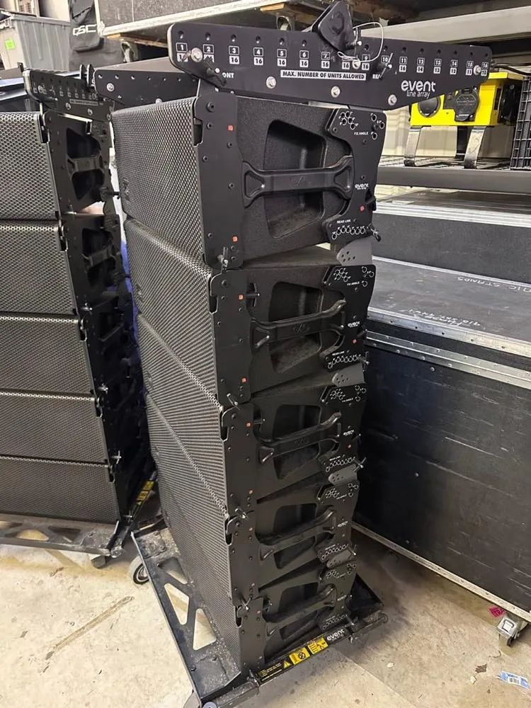Stacked Event line array speaker modules in Phase 3 Live's warehouse rental inventory
