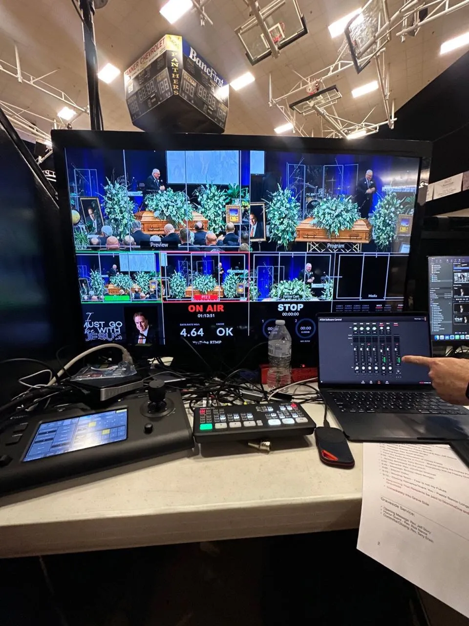 Phase 3 Live multi-camera livestream control station with video switcher and multiview monitor during a live broadcast
