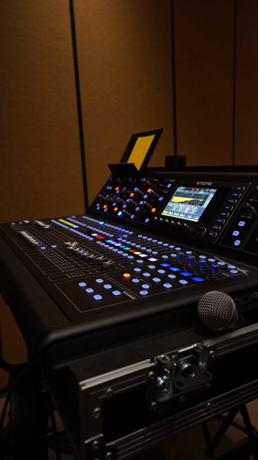 Midas digital mixing console from Phase 3 Live's audio inventory set up in a road case
