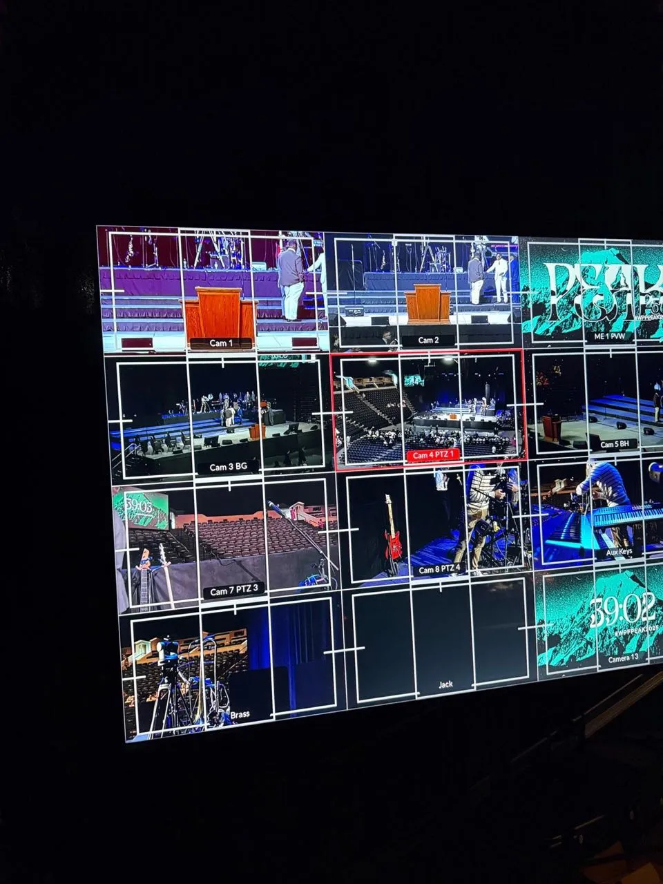 Video switcher multiviewer with camera feeds during a Phase 3 Live multi-camera event broadcast