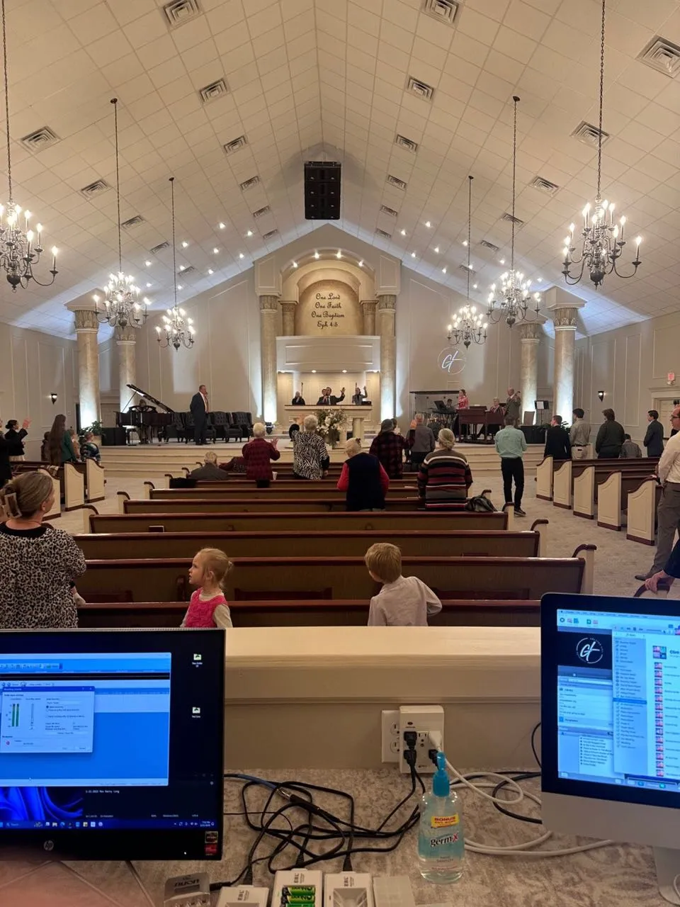 Church sanctuary during worship seen from the audio booth, with production support by Phase 3 Live