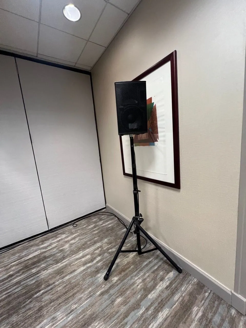 Powered speaker on a tripod stand installed by Phase 3 Live for a meeting room event